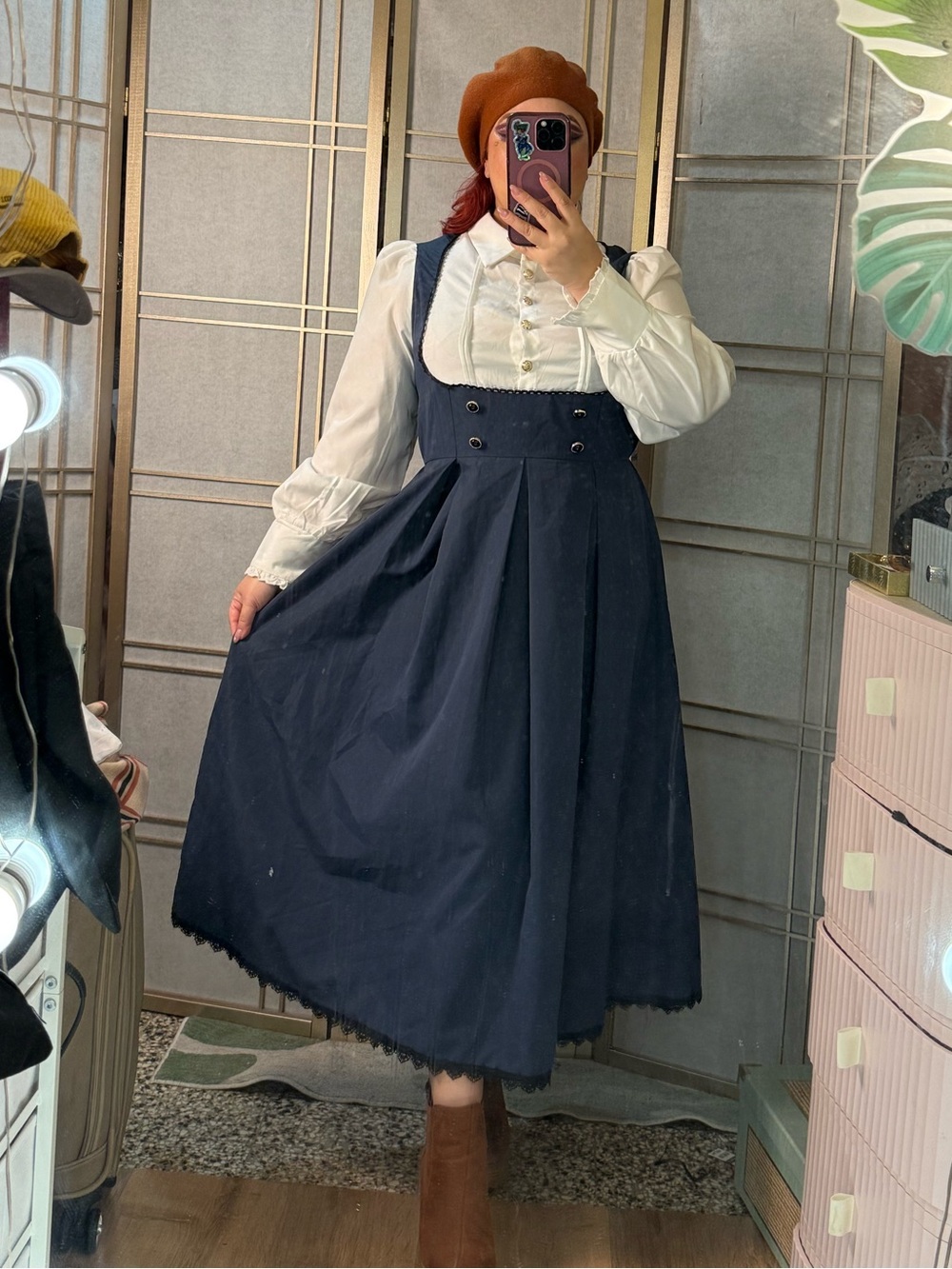 SHEIN Navy Pinafore Midi Skirt with Buttoned Bodice